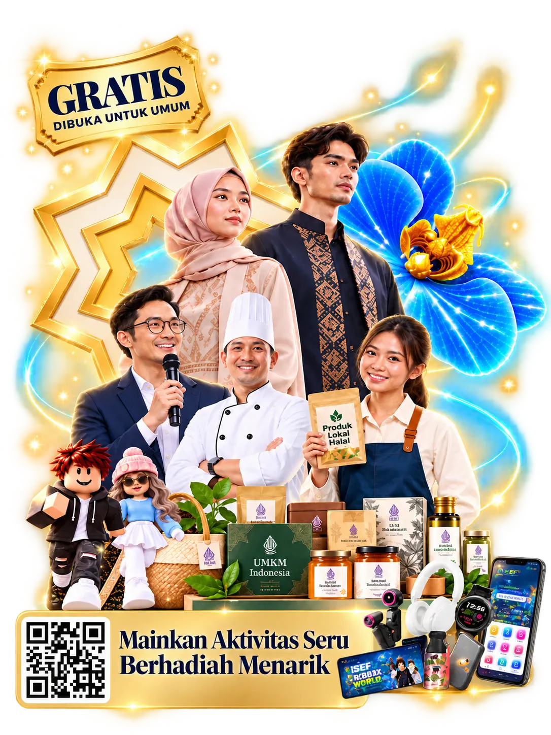 ISEF 2026 gratis dan dibuka untuk umum: kolase industri halal, fesyen, kuliner, dan aktivitas berhadiah dengan kode QR apps ISEF.